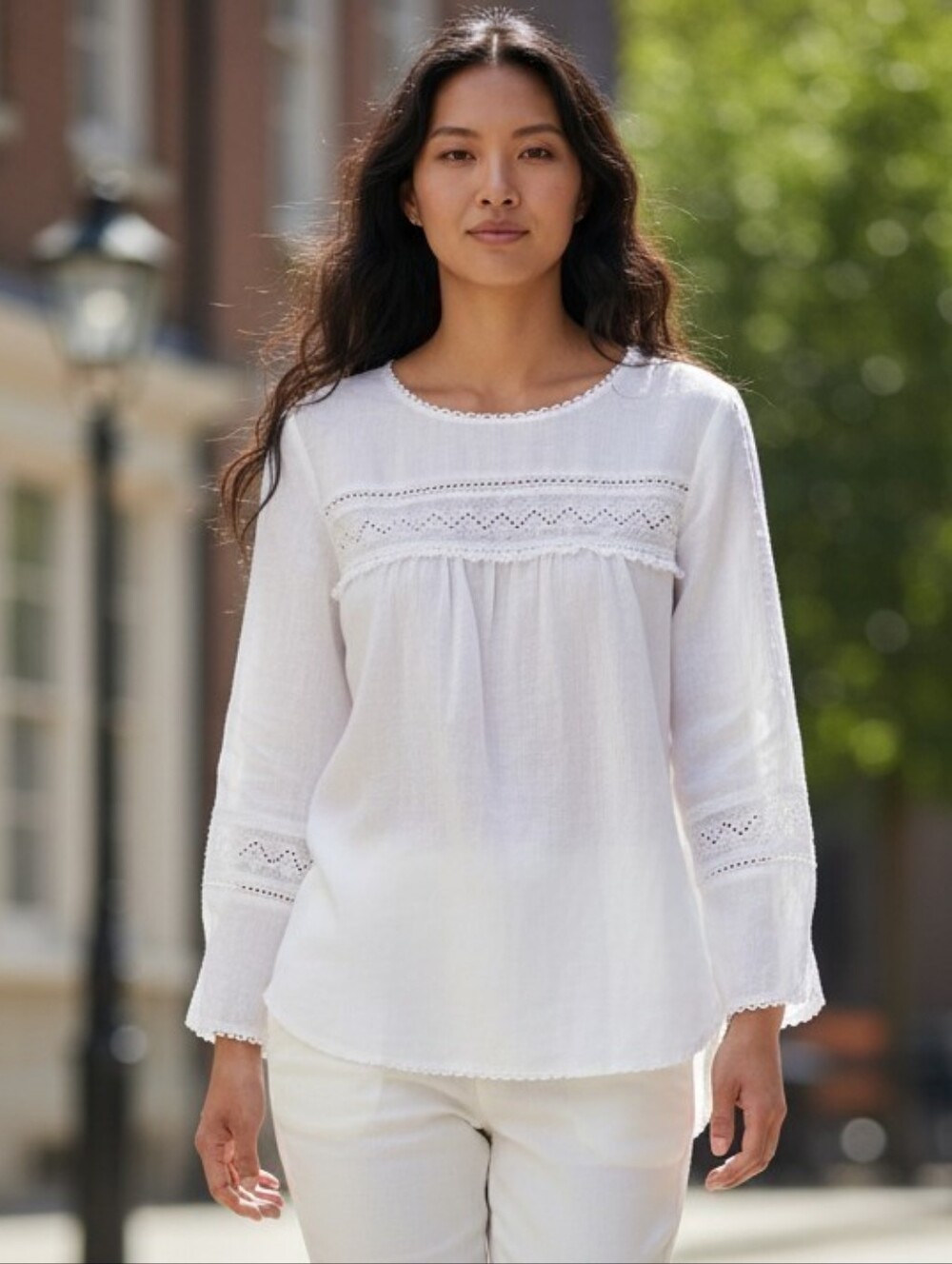 J. Crew Linen Women's White Lace-Trim Peasant Blouse Sz 0 WT371